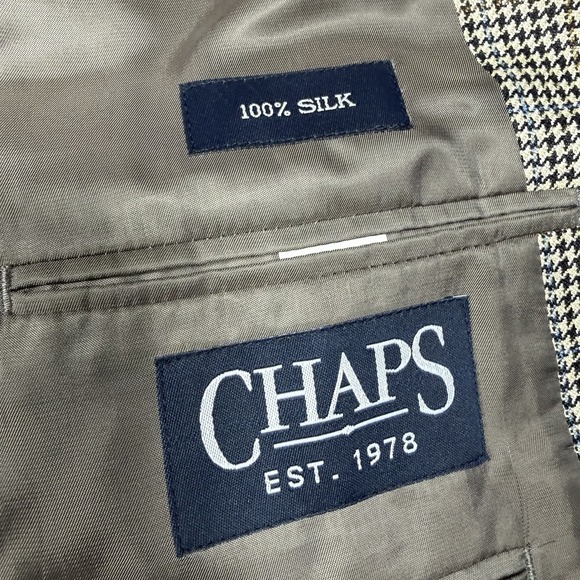 Chaps Mens 100% Silk Light Brown Beige Houndstooth Blazer Sport Jacket Mens 44L - Picture 6 of 10